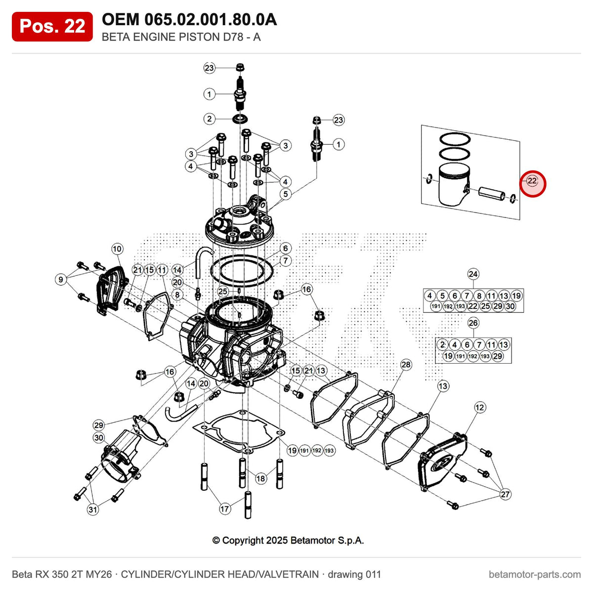 BETA ENGINE PISTON D78 - A – OEM 065.02.001.80.0A, position 22 on the Beta RX 350 2T MY26 cylinder/cylinder head/valvetrain drawing