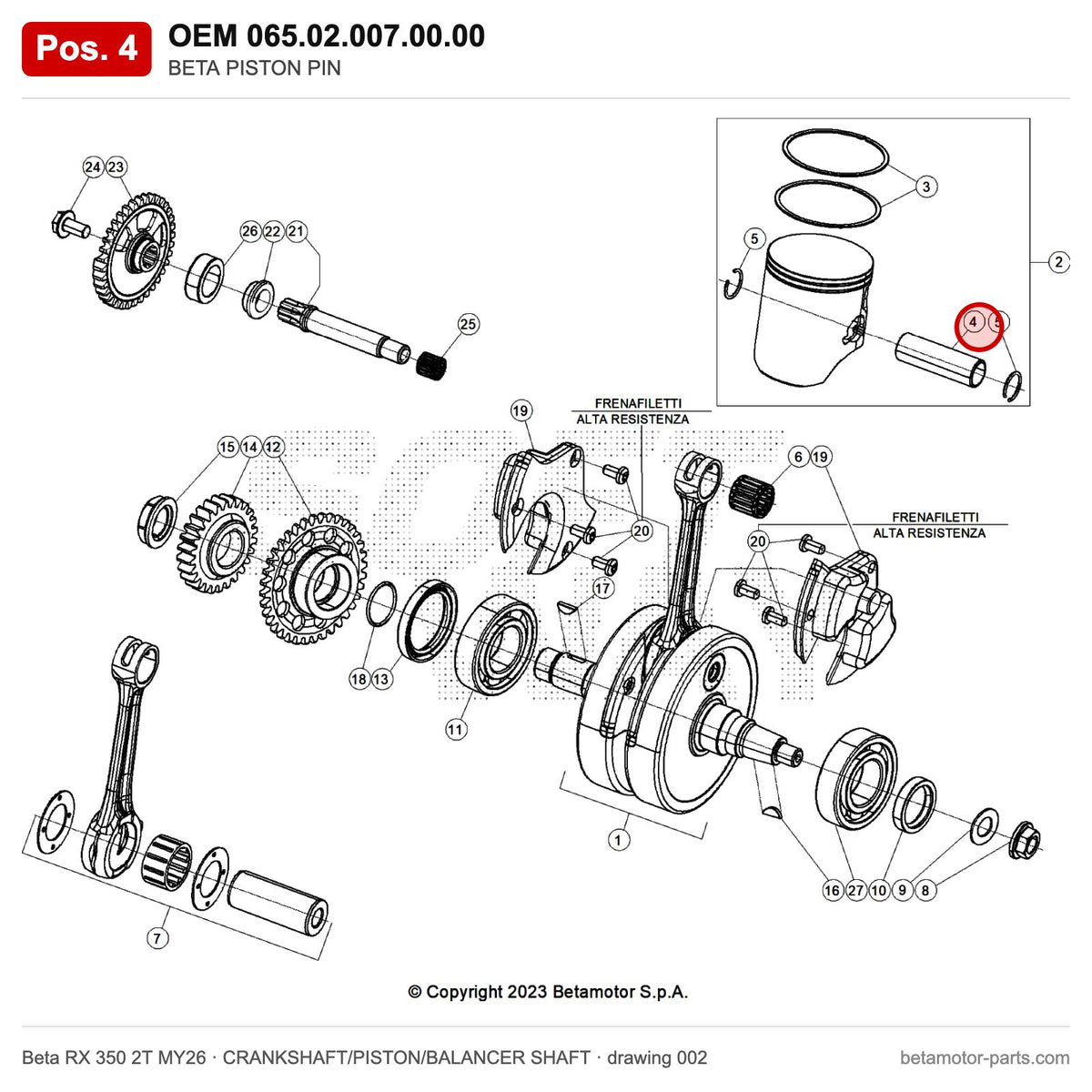 BETA PISTON PIN – OEM 065.02.007.00.00, position 4 on the Beta RX 350 2T MY26 crankshaft/piston/balancer shaft drawing