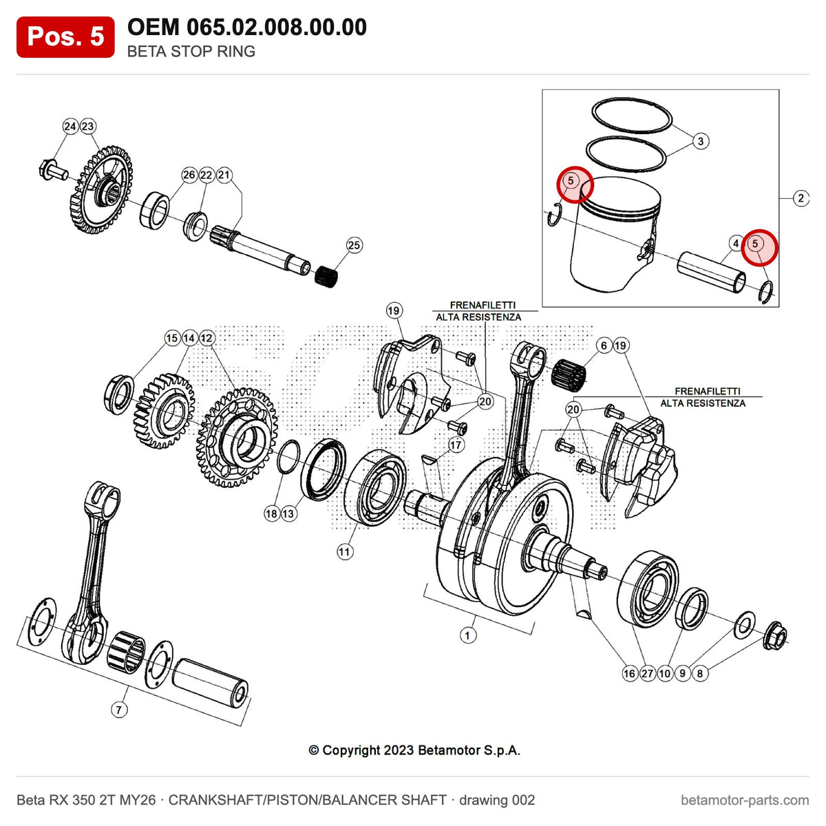 BETA STOP RING – OEM 065.02.008.00.00, position 5 on the Beta RX 350 2T MY26 crankshaft/piston/balancer shaft drawing