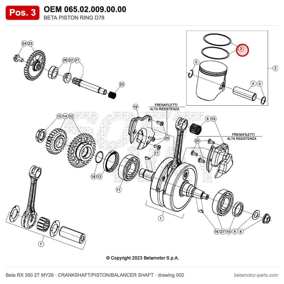 BETA PISTON RING D78 – OEM 065.02.009.00.00, position 3 on the Beta RX 350 2T MY26 crankshaft/piston/balancer shaft drawing
