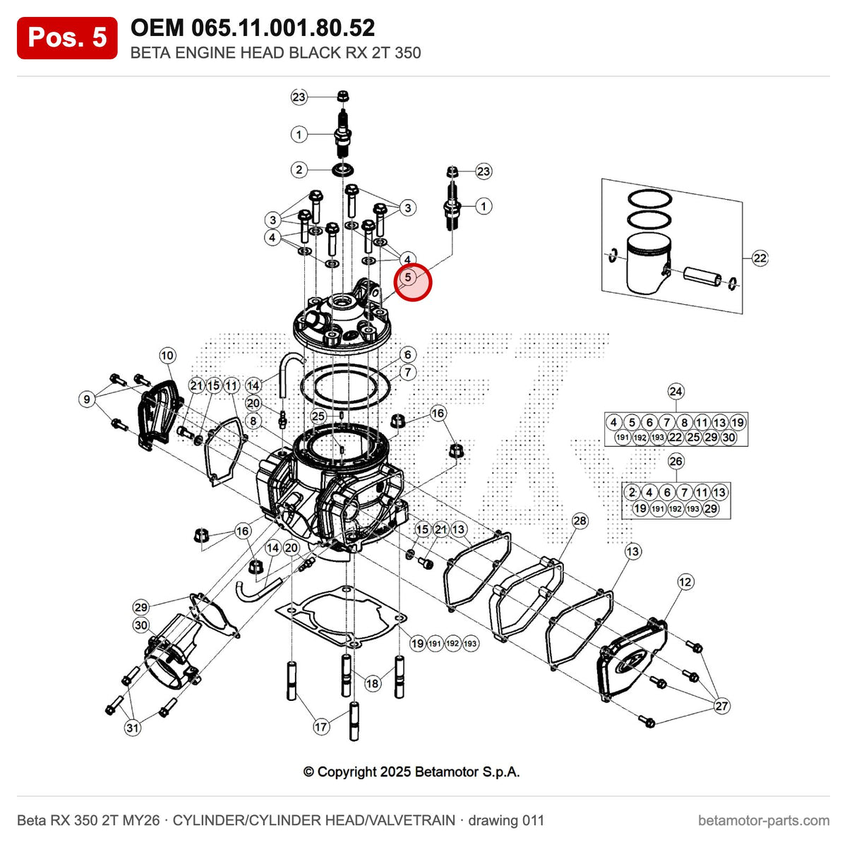 BETA ENGINE HEAD BLACK RX 2T 350 – OEM 065.11.001.80.52, position 5 on the Beta RX 350 2T MY26 cylinder/cylinder head/valvetrain drawing