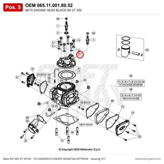 BETA ENGINE HEAD BLACK RX 2T 350 – OEM 065.11.001.80.52, position 5 on the Beta RX 350 2T MY26 cylinder/cylinder head/valvetrain drawing