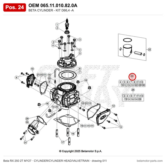 BETA CYLINDER - KIT D66,4 -A – OEM 065.11.010.82.0A, position 24 on the Beta RX 250 2T MY27 cylinder/cylinder head/valvetrain drawing