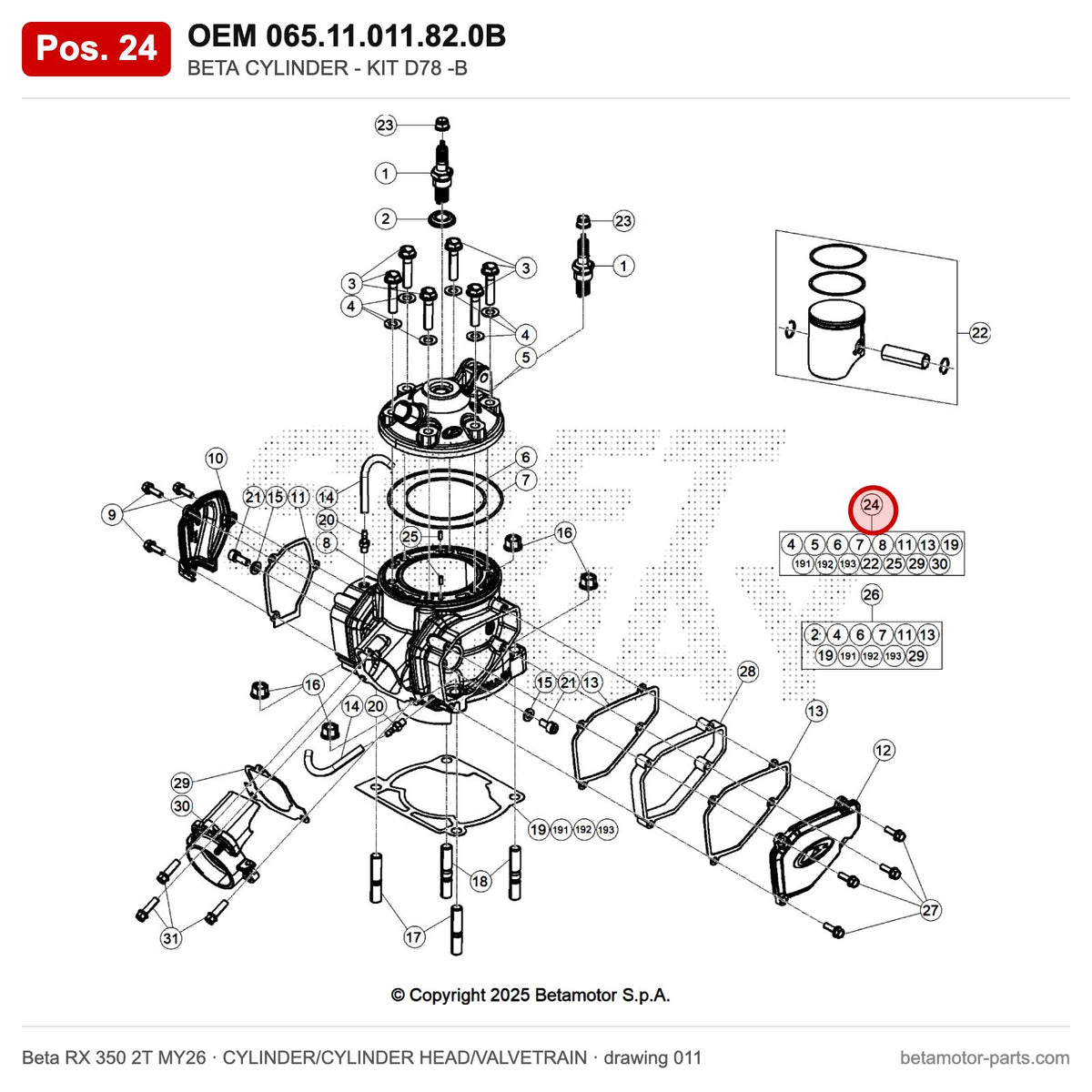 BETA CYLINDER - KIT D78 -B – OEM 065.11.011.82.0B, position 24 on the Beta RX 350 2T MY26 cylinder/cylinder head/valvetrain drawing
