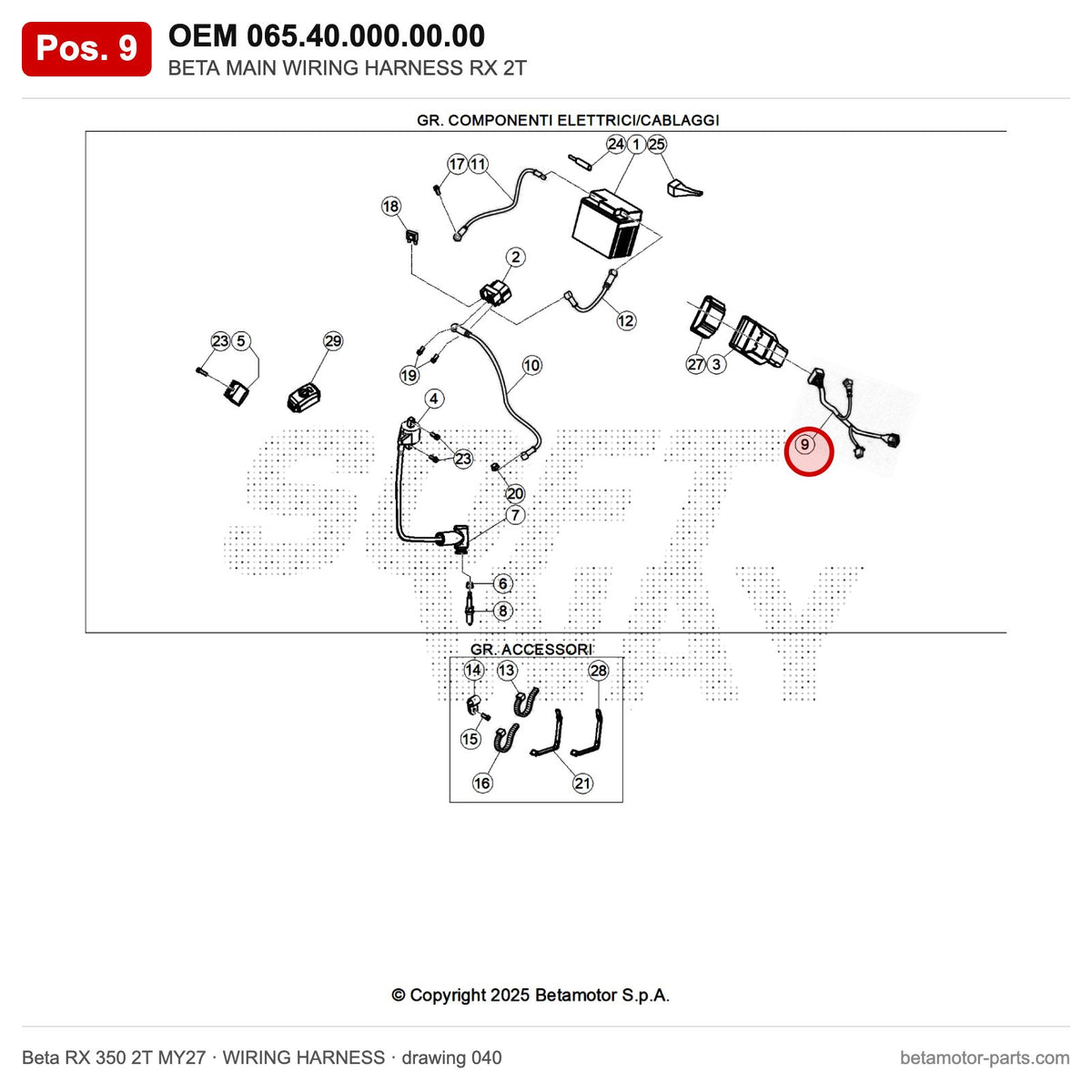 BETA MAIN WIRING HARNESS RX 2T – OEM 065.40.000.00.00, position 9 on the Beta RX 350 2T MY27 wiring harness drawing
