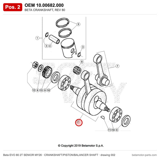BETA CRANKSHAFT, REV 80 – OEM 10.00682.000, position 2 on the Beta EVO 80 2T SENIOR MY26 crankshaft/piston/balancer shaft drawing
