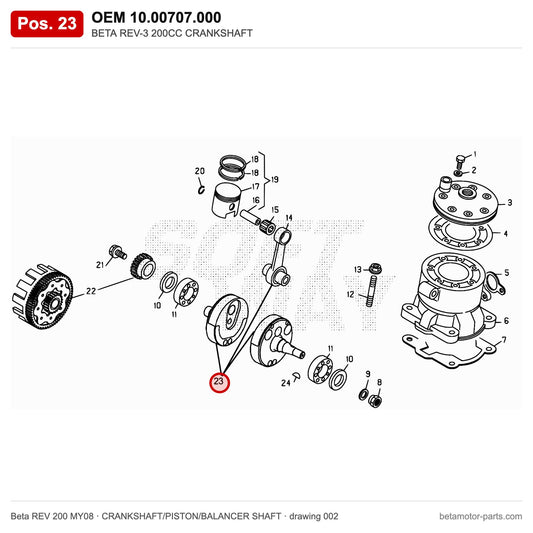 BETA REV-3 200CC CRANKSHAFT – OEM 10.00707.000, position 23 on the Beta REV 200 MY08 crankshaft/piston/balancer shaft drawing