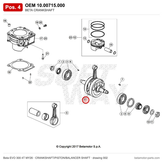 BETA CRANKSHAFT – OEM 10.00715.000, position 4 on the Beta EVO 300 4T MY26 crankshaft/piston/balancer shaft drawing