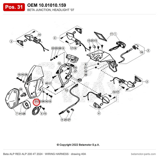 BETA JUNCTION, HEADLIGHT '07 – OEM 10.01010.159, position 31 on the Beta ALP RED ALP 200 4T 2024 wiring harness drawing