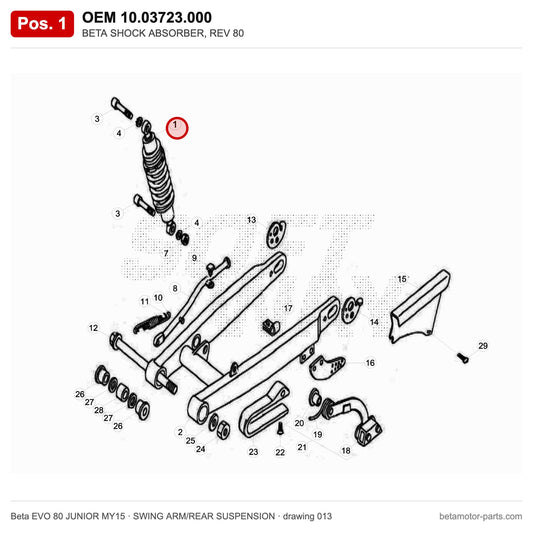 BETA SHOCK ABSORBER, REV 80 – OEM 10.03723.000, position 1 on the Beta EVO 80 JUNIOR MY15 swing arm/rear suspension drawing