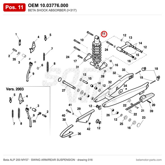 BETA SHOCK ABSORBER (I=317) – OEM 10.03776.000, position 11 on the Beta ALP 200 MY07 swing arm/rear suspension drawing