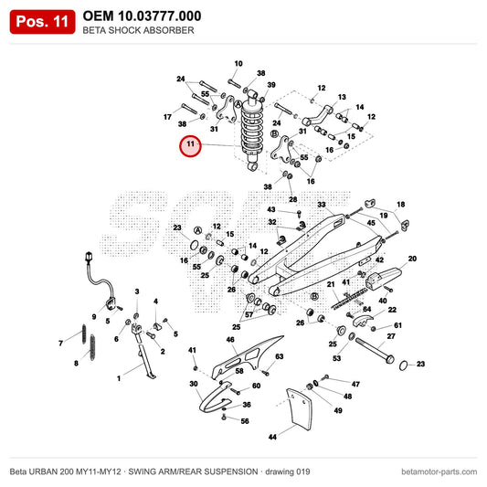 BETA SHOCK ABSORBER – OEM 10.03777.000, position 11 on the Beta URBAN 200 MY11-MY12 swing arm/rear suspension drawing