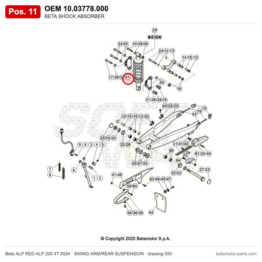 BETA SHOCK ABSORBER – OEM 10.03778.000, position 11 on the Beta ALP RED ALP 200 4T 2024 swing arm/rear suspension drawing