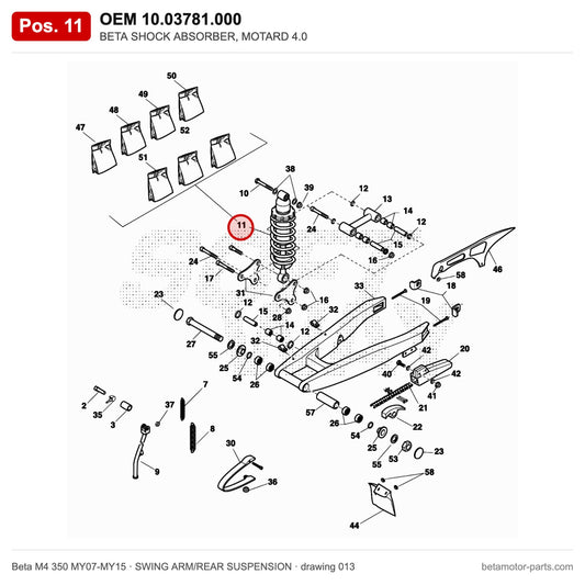 BETA SHOCK ABSORBER, MOTARD 4.0 – OEM 10.03781.000, position 11 on the Beta M4 350 MY07-MY15 swing arm/rear suspension drawing