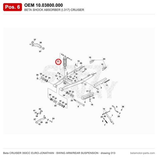 BETA SHOCK ABSORBER (I.317) CRUISER – OEM 10.03800.000, position 6 on the Beta CRUISER 350CC EURO-JONATHAN swing arm/rear suspension drawing