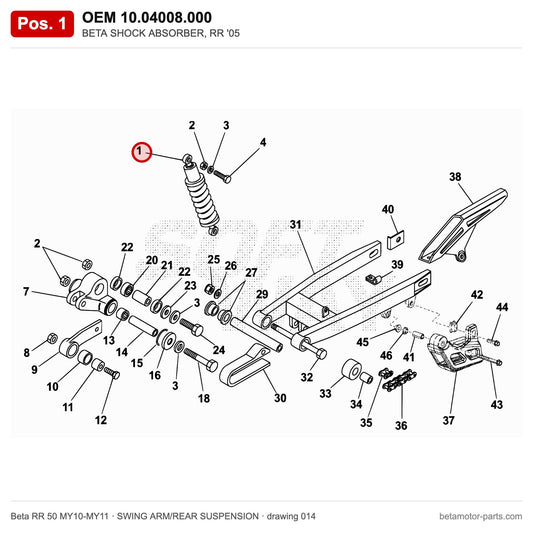 BETA SHOCK ABSORBER, RR '05 – OEM 10.04008.000, position 1 on the Beta RR 50 MY10-MY11 swing arm/rear suspension drawing