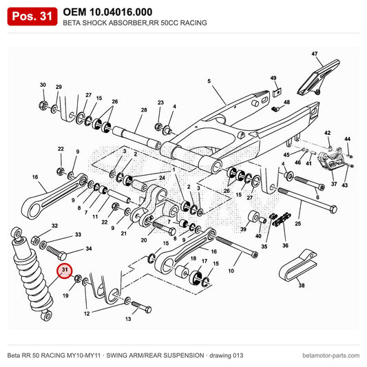 BETA SHOCK ABSORBER,RR 50CC RACING – OEM 10.04016.000, position 31 on the Beta RR 50 RACING MY10-MY11 swing arm/rear suspension drawing