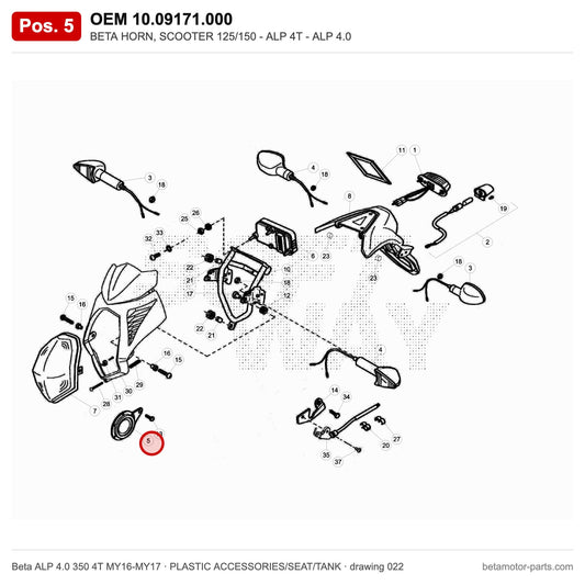BETA HORN, SCOOTER 125/150 - ALP 4T - ALP 4.0 – OEM 10.09171.000, position 5 on the Beta ALP 4.0 350 4T MY16-MY17 plastic accessories/seat/tank drawing