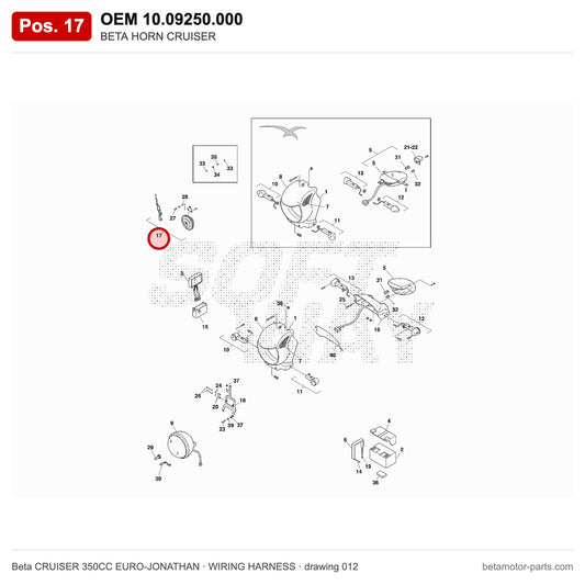 BETA HORN CRUISER – OEM 10.09250.000, position 17 on the Beta CRUISER 350CC EURO-JONATHAN wiring harness drawing