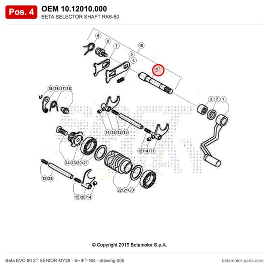 BETA SELECTOR SHAFT RK6-50 – OEM 10.12010.000, position 4 on the Beta EVO 80 2T SENIOR MY26 shifting drawing