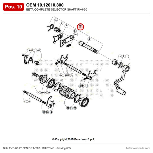 BETA COMPLETE SELECTOR SHAFT RK6-50 – OEM 10.12010.800, position 10 on the Beta EVO 80 2T SENIOR MY26 shifting drawing