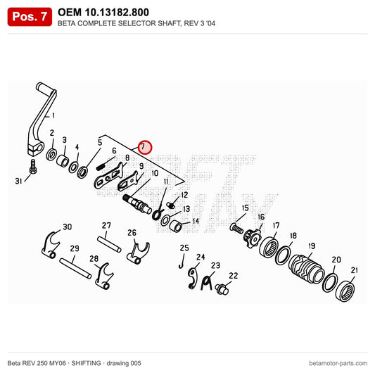 BETA COMPLETE SELECTOR SHAFT, REV 3 '04 – OEM 10.13182.800, position 7 on the Beta REV 250 MY06 shifting drawing