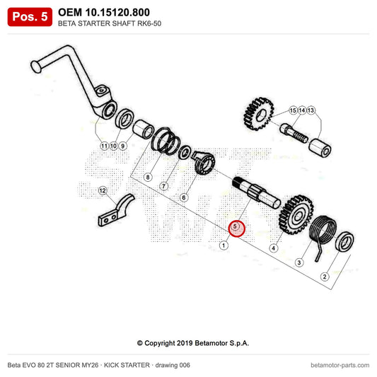 BETA STARTER SHAFT RK6-50 – OEM 10.15120.800, position 5 on the Beta EVO 80 2T SENIOR MY26 kick starter drawing