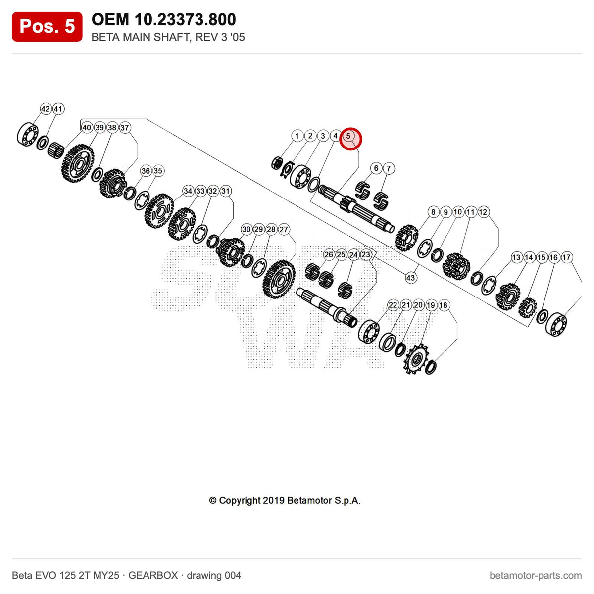 BETA MAIN SHAFT, REV 3 '05 – OEM 10.23373.800, position 5 on the Beta EVO 125 2T MY25 gearbox drawing
