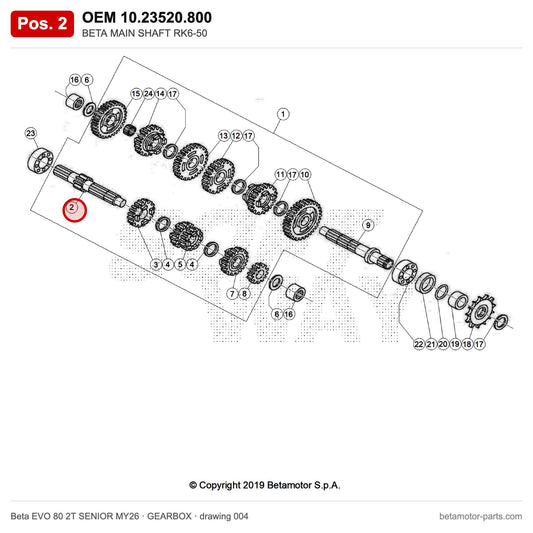 BETA MAIN SHAFT RK6-50 – OEM 10.23520.800, position 2 on the Beta EVO 80 2T SENIOR MY26 gearbox drawing