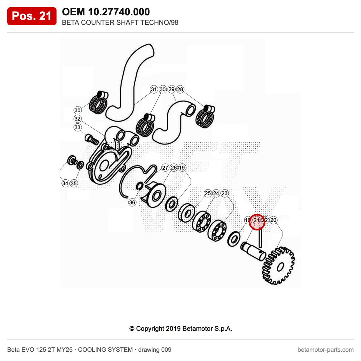 BETA COUNTER SHAFT TECHNO/98 – OEM 10.27740.000, position 21 on the Beta EVO 125 2T MY25 cooling system drawing
