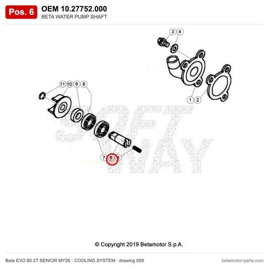 BETA WATER PUMP SHAFT – OEM 10.27752.000, position 6 on the Beta EVO 80 2T SENIOR MY26 cooling system drawing