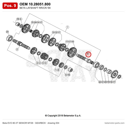 BETA LAYSHAFT RR/CR-'99 – OEM 10.28051.800, position 9 on the Beta EVO 80 2T SENIOR MY26 gearbox drawing