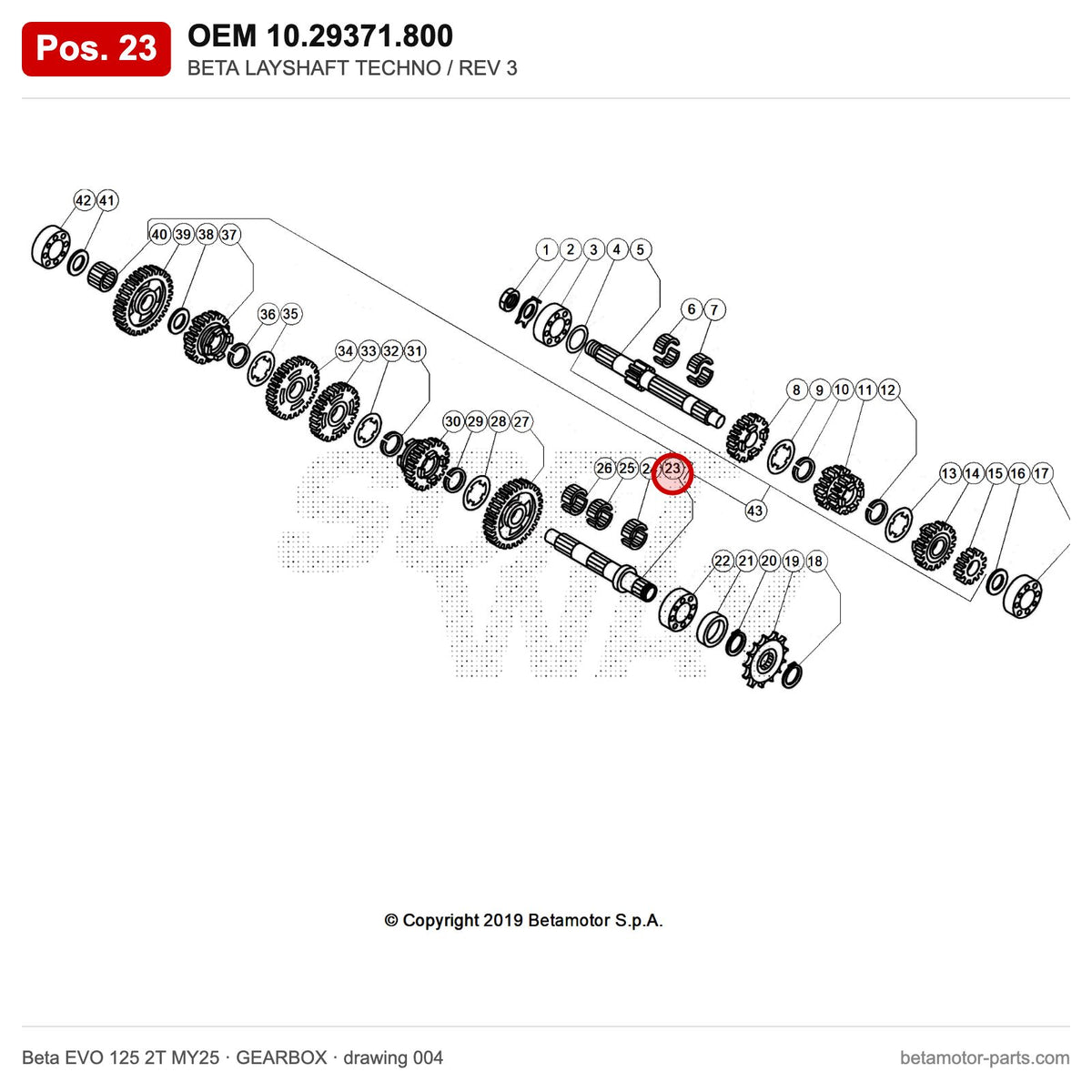 BETA LAYSHAFT TECHNO / REV 3 – OEM 10.29371.800, position 23 on the Beta EVO 125 2T MY25 gearbox drawing