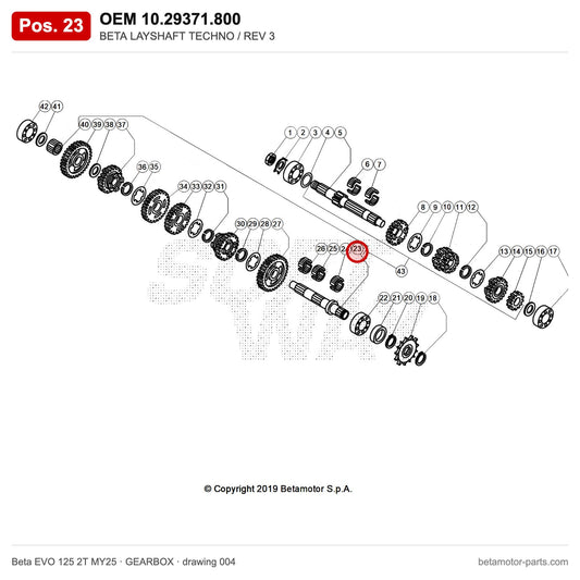 BETA LAYSHAFT TECHNO / REV 3 – OEM 10.29371.800, position 23 on the Beta EVO 125 2T MY25 gearbox drawing