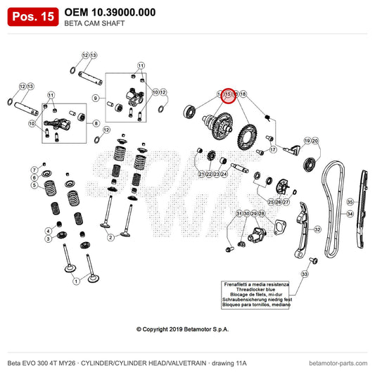 BETA CAM SHAFT – OEM 10.39000.000, position 15 on the Beta EVO 300 4T MY26 cylinder/cylinder head/valvetrain drawing