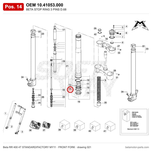 BETA STOP RING 3 PINS D.68 – OEM 10.41053.000, position 14 on the Beta RR 400 4T STANDARD/FACTORY MY11 front fork drawing