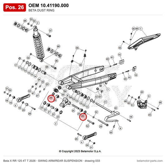 BETA DUST RING – OEM 10.41190.000, position 26 on the Beta X RR 125 4T T 2026 swing arm/rear suspension drawing