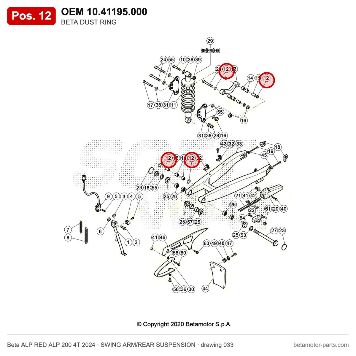 BETA DUST RING – OEM 10.41195.000, position 12 on the Beta ALP RED ALP 200 4T 2024 swing arm/rear suspension drawing