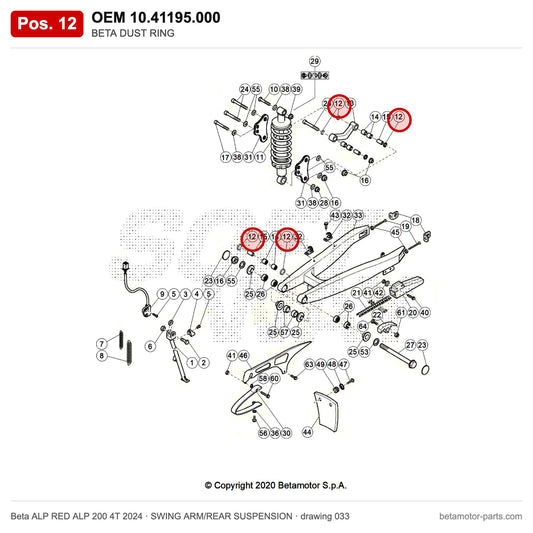 BETA DUST RING – OEM 10.41195.000, position 12 on the Beta ALP RED ALP 200 4T 2024 swing arm/rear suspension drawing
