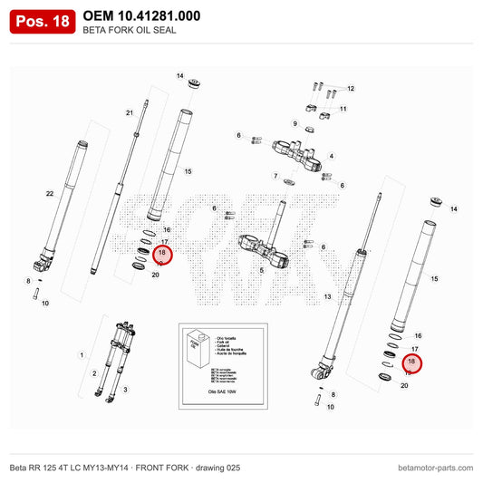 BETA FORK OIL SEAL – OEM 10.41281.000, position 18 on the Beta RR 125 4T LC MY13-MY14 front fork drawing