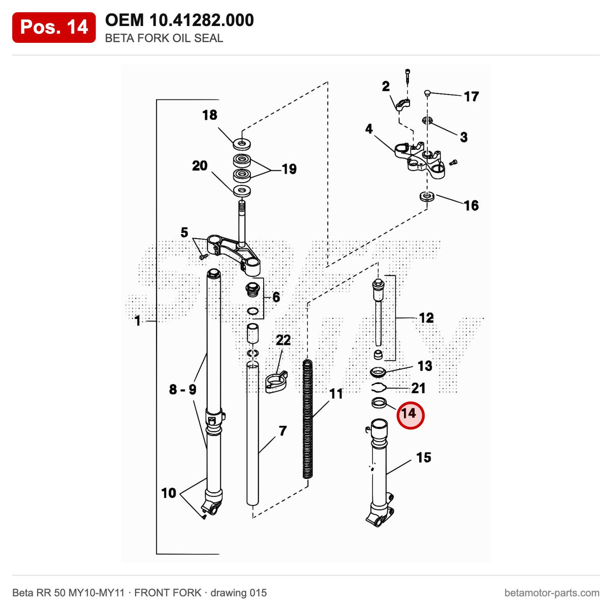 BETA FORK OIL SEAL – OEM 10.41282.000, position 14 on the Beta RR 50 MY10-MY11 front fork drawing