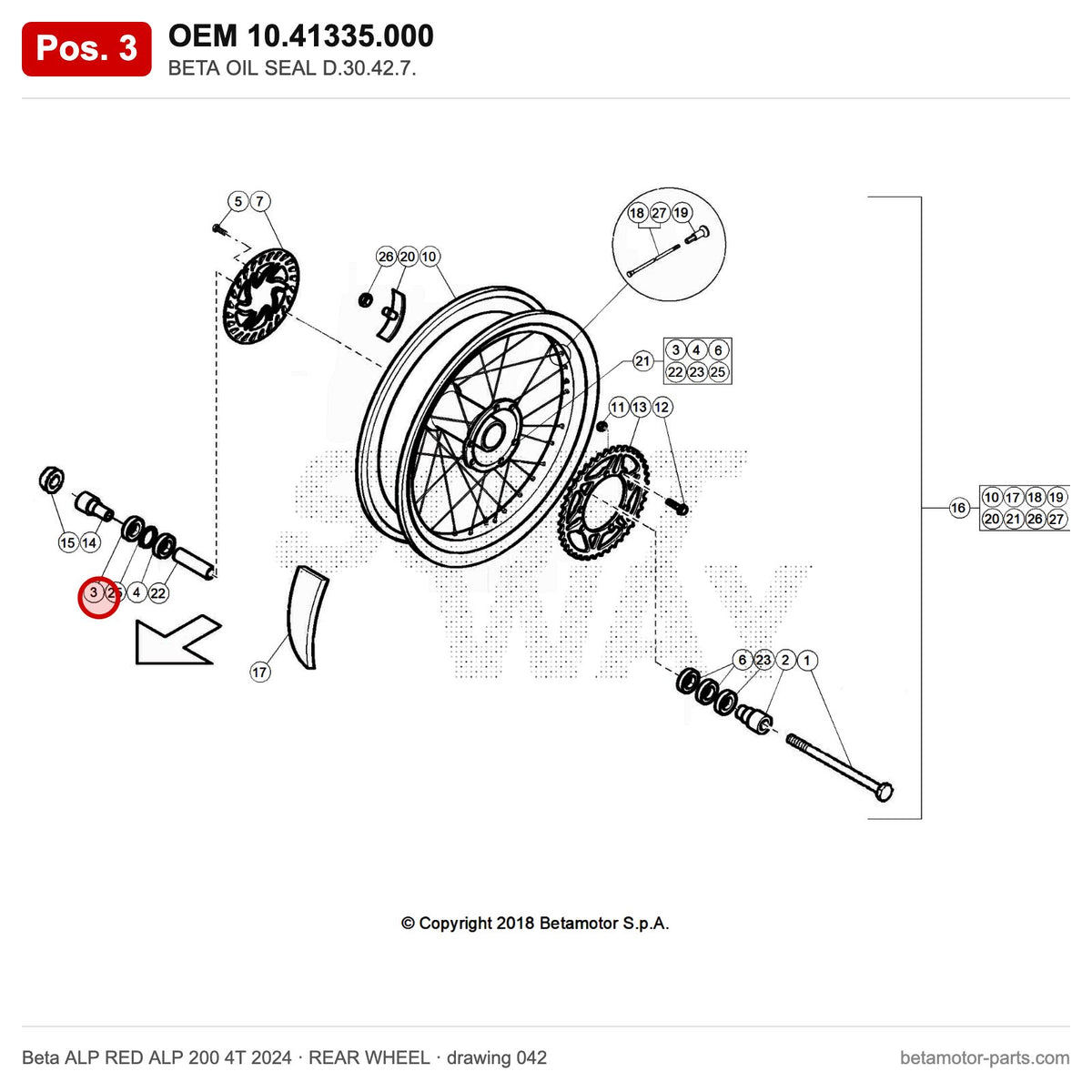 BETA OIL SEAL D.30.42.7. – OEM 10.41335.000, position 3 on the Beta ALP RED ALP 200 4T 2024 rear wheel drawing