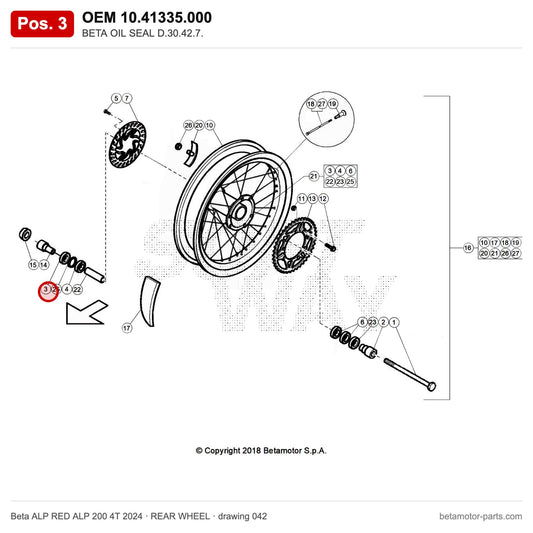 BETA OIL SEAL D.30.42.7. – OEM 10.41335.000, position 3 on the Beta ALP RED ALP 200 4T 2024 rear wheel drawing