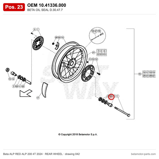 BETA OIL SEAL D.30.47.7 – OEM 10.41336.000, position 23 on the Beta ALP RED ALP 200 4T 2024 rear wheel drawing