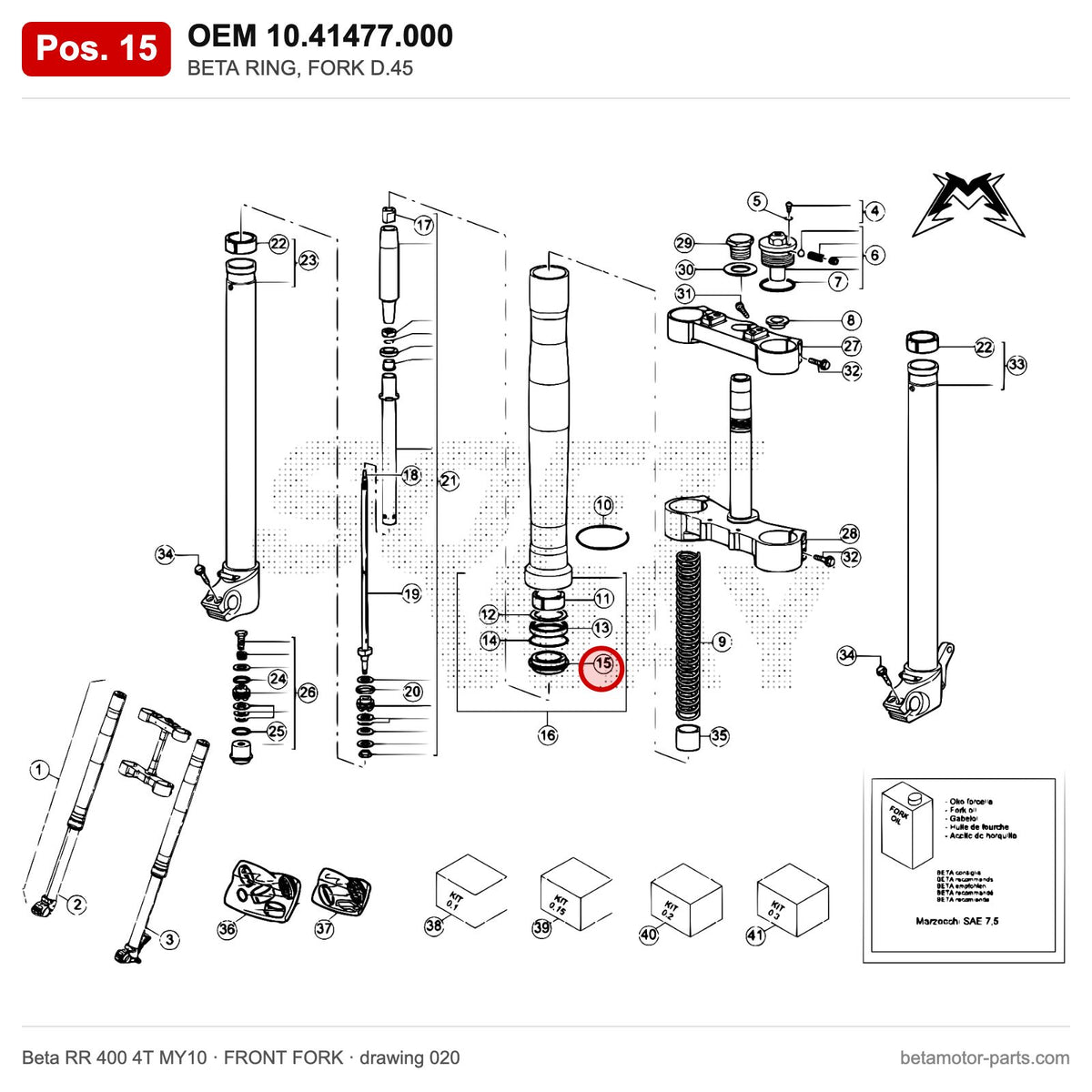 BETA RING, FORK D.45 – OEM 10.41477.000, position 15 on the Beta RR 400 4T MY10 front fork drawing