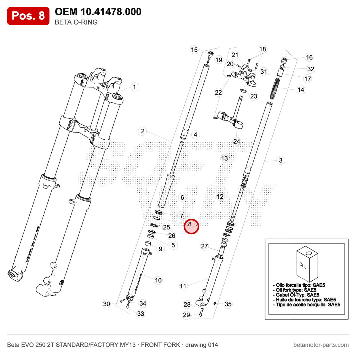BETA O-RING – OEM 10.41478.000, position 8 on the Beta EVO 250 2T STANDARD/FACTORY MY13 front fork drawing