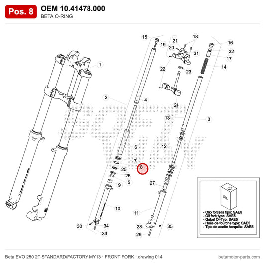 BETA O-RING – OEM 10.41478.000, position 8 on the Beta EVO 250 2T STANDARD/FACTORY MY13 front fork drawing