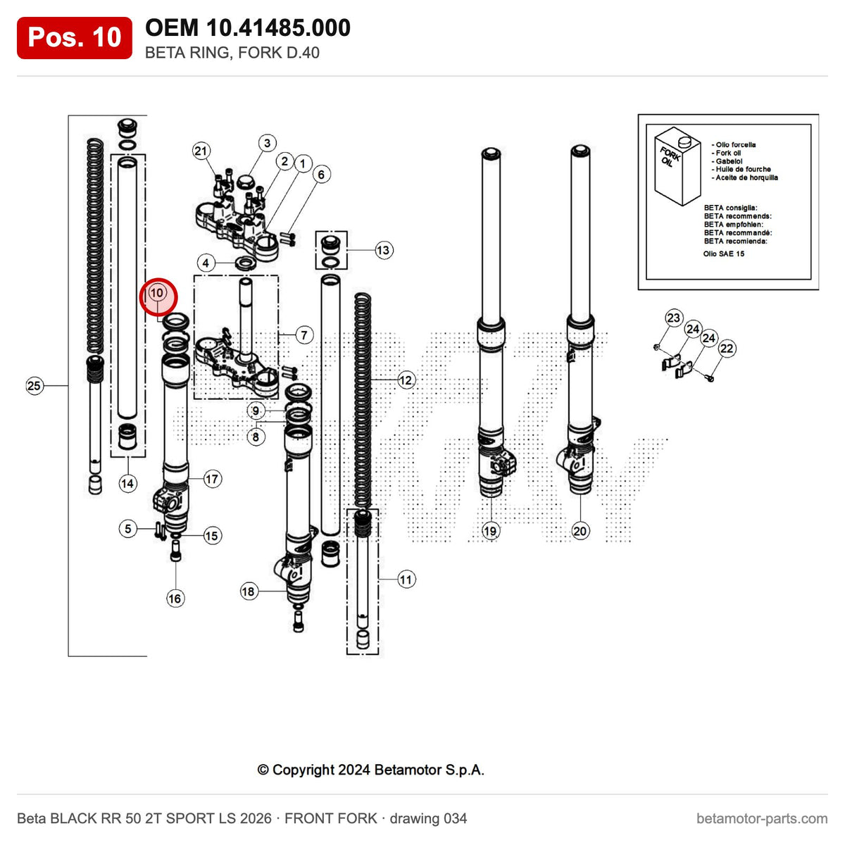 BETA RING, FORK D.40 – OEM 10.41485.000, position 10 on the Beta BLACK RR 50 2T SPORT LS 2026 front fork drawing