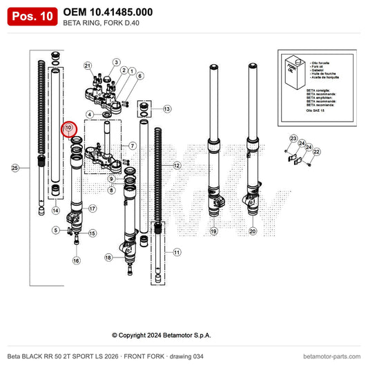 BETA RING, FORK D.40 – OEM 10.41485.000, position 10 on the Beta BLACK RR 50 2T SPORT LS 2026 front fork drawing