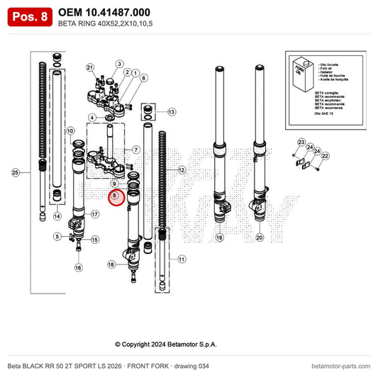 BETA RING 40X52,2X10,10,5 – OEM 10.41487.000, position 8 on the Beta BLACK RR 50 2T SPORT LS 2026 front fork drawing